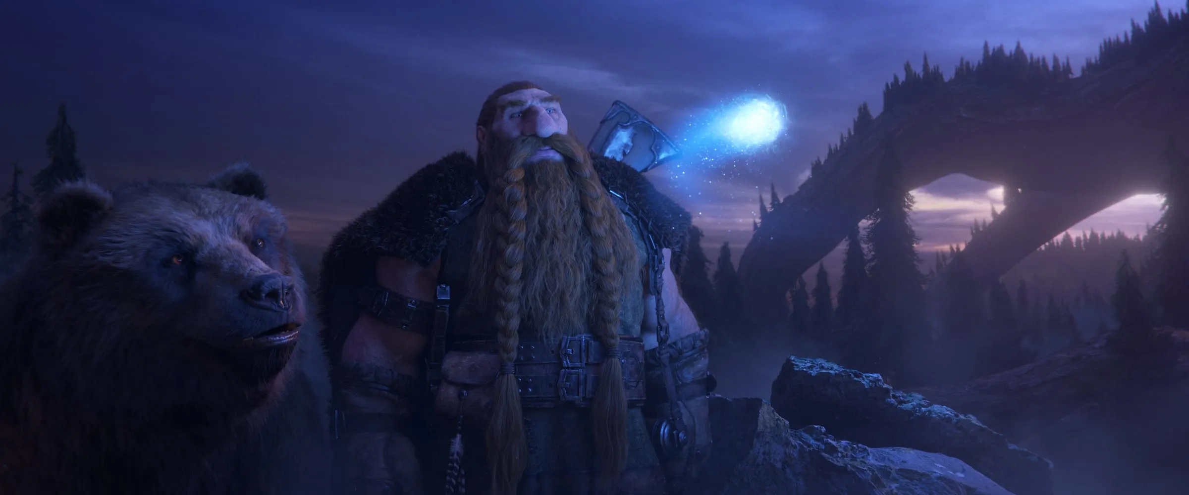 A dwarf and a large bear on a ridge at dusk, a blue wisp drifting beside them