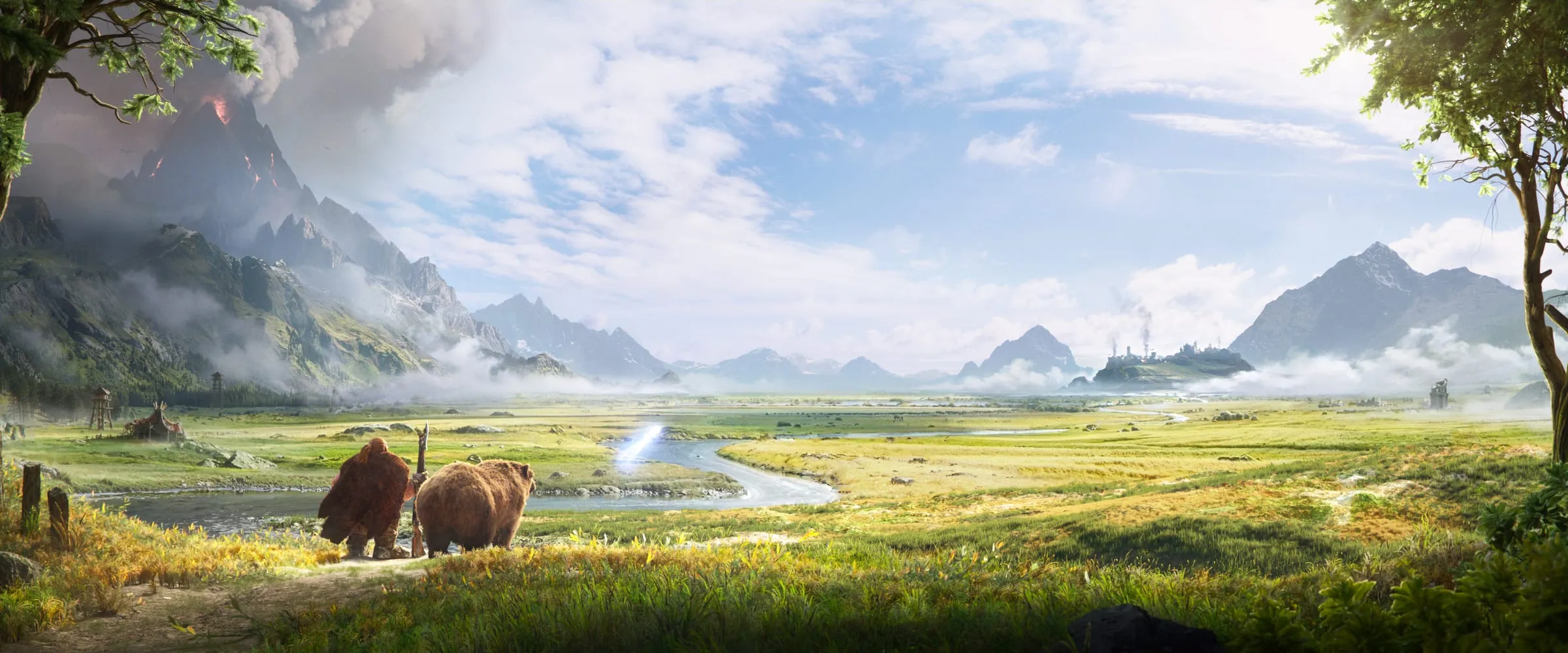 A wide green valley of rivers and drifting mist under snow-capped peaks, two bears on the rise in the foreground