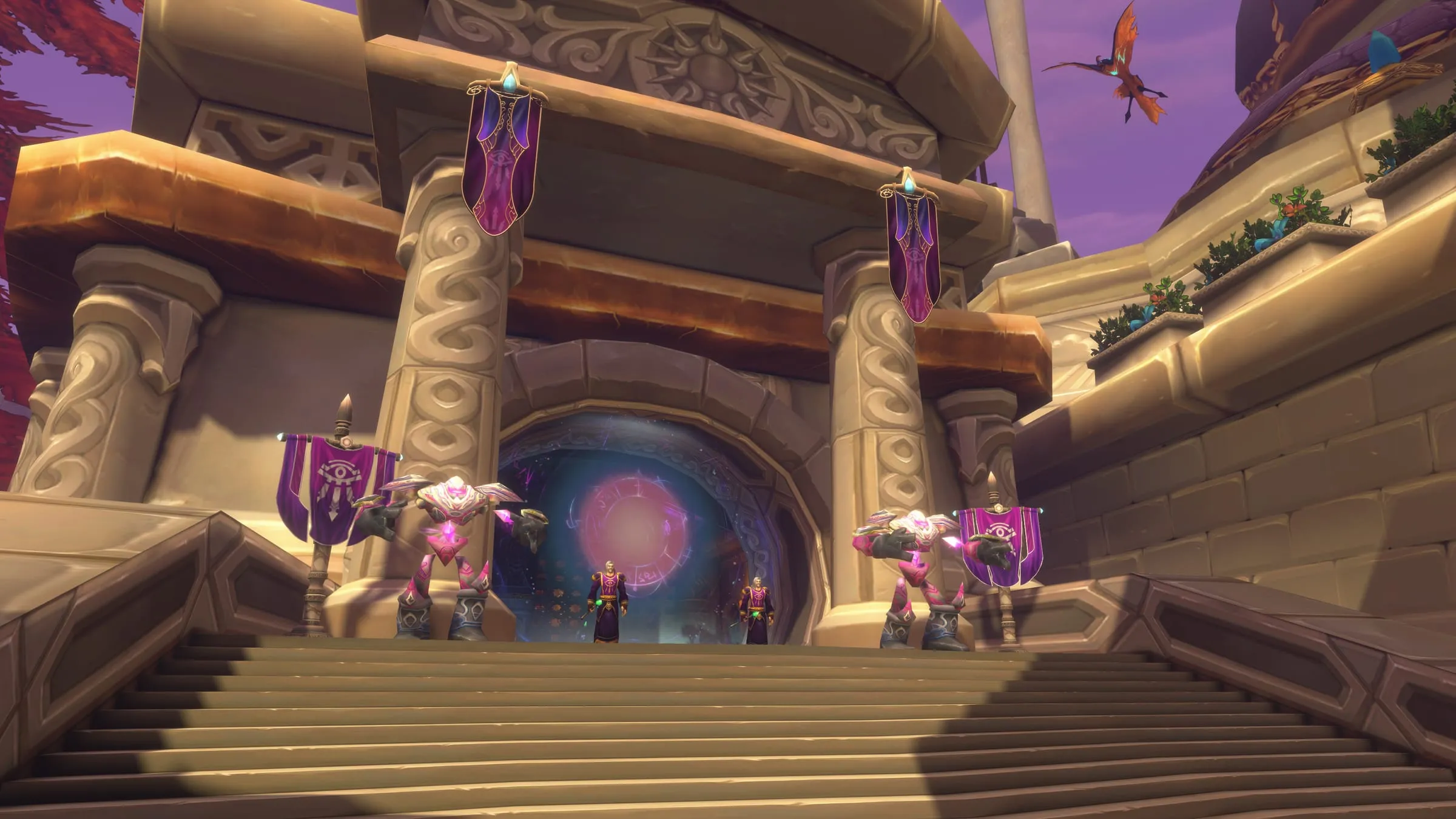 A glowing portal and purple banners at the head of a broad marble stair