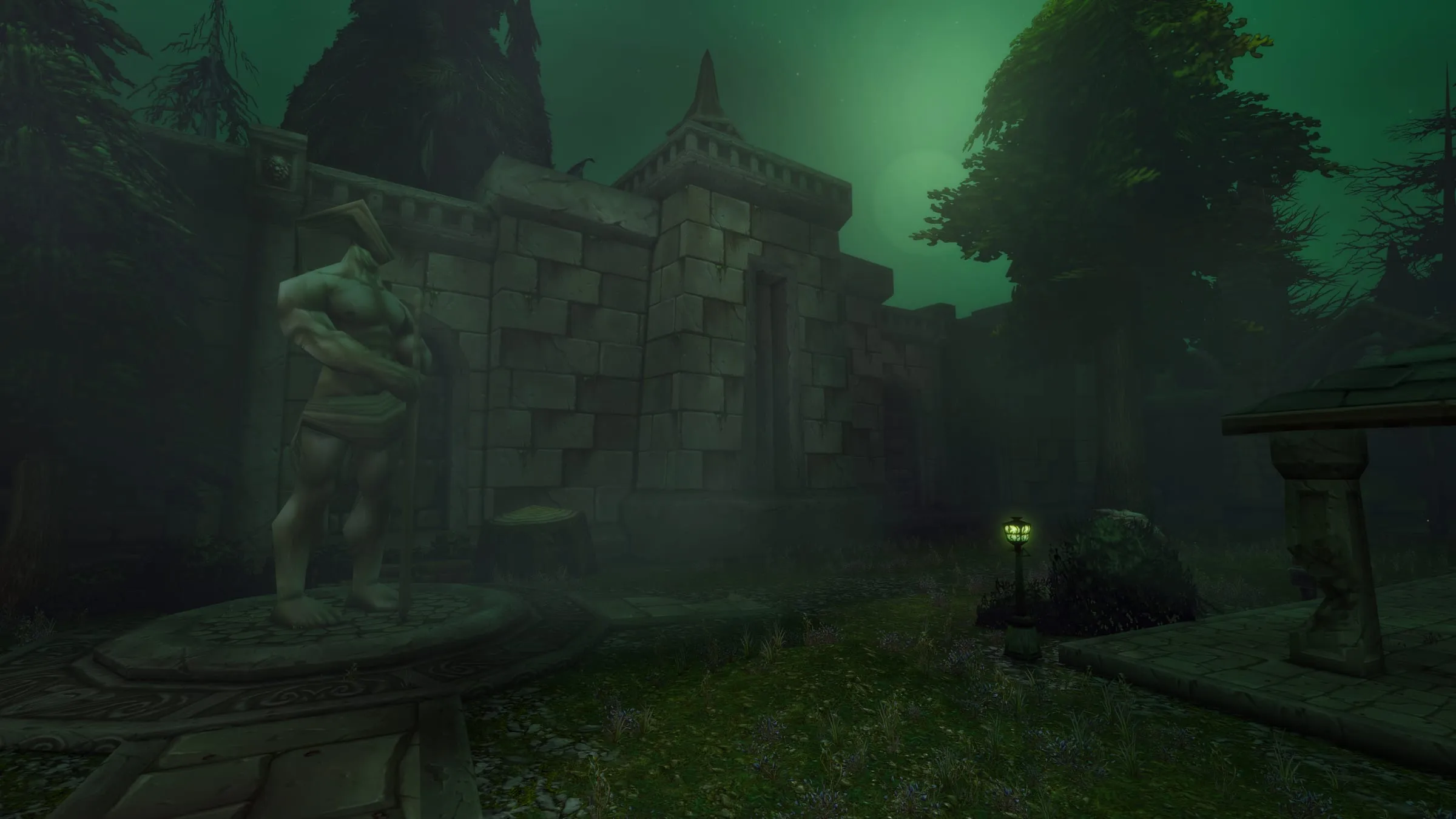 The ruins of Lordaeron in green fog, a statue standing beside the battlements