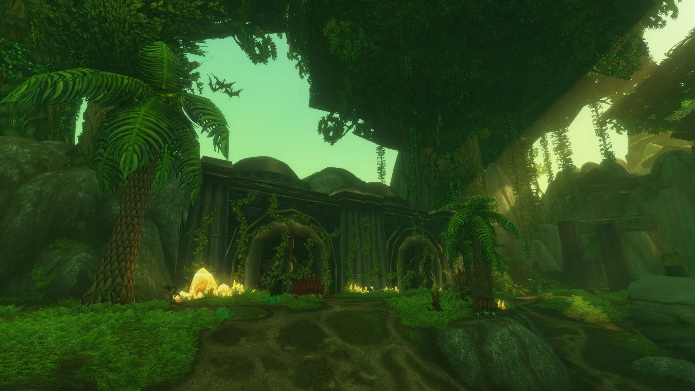 A green-lit grotto of ferns and carved stone archways