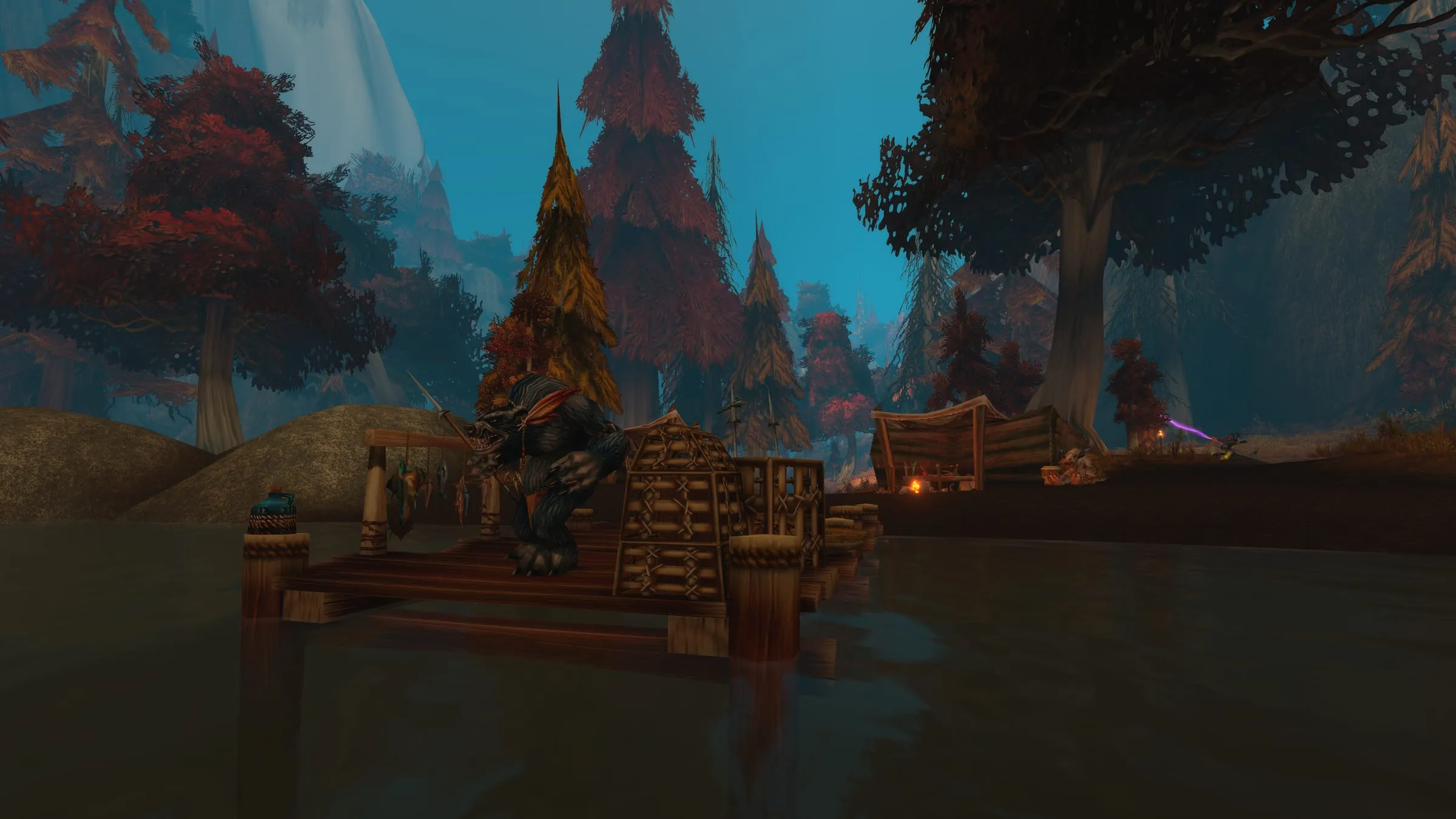 A furbolg standing on a timber dock among autumn trees