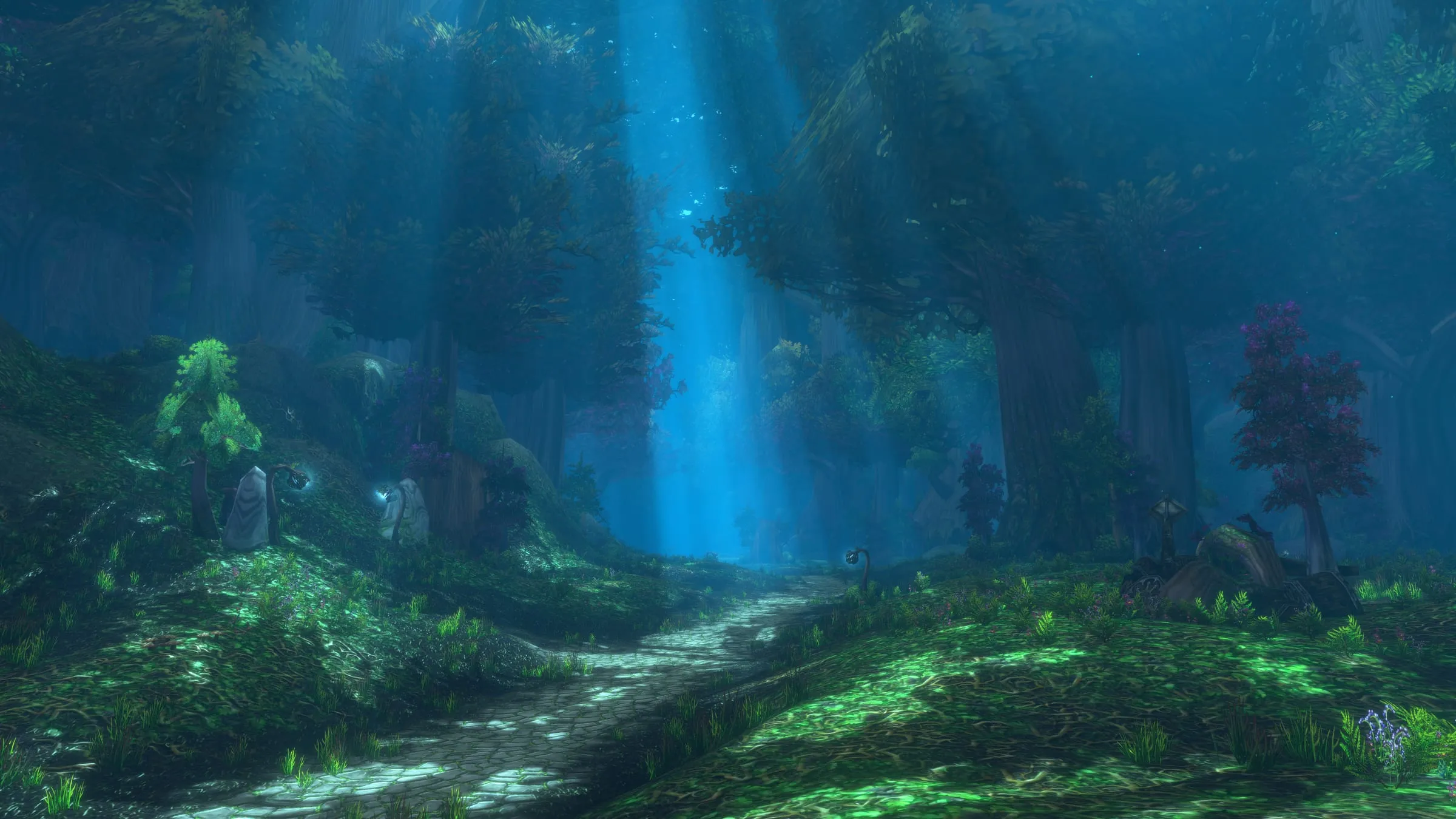 Shafts of light falling through the Ashenvale canopy onto a wooded path