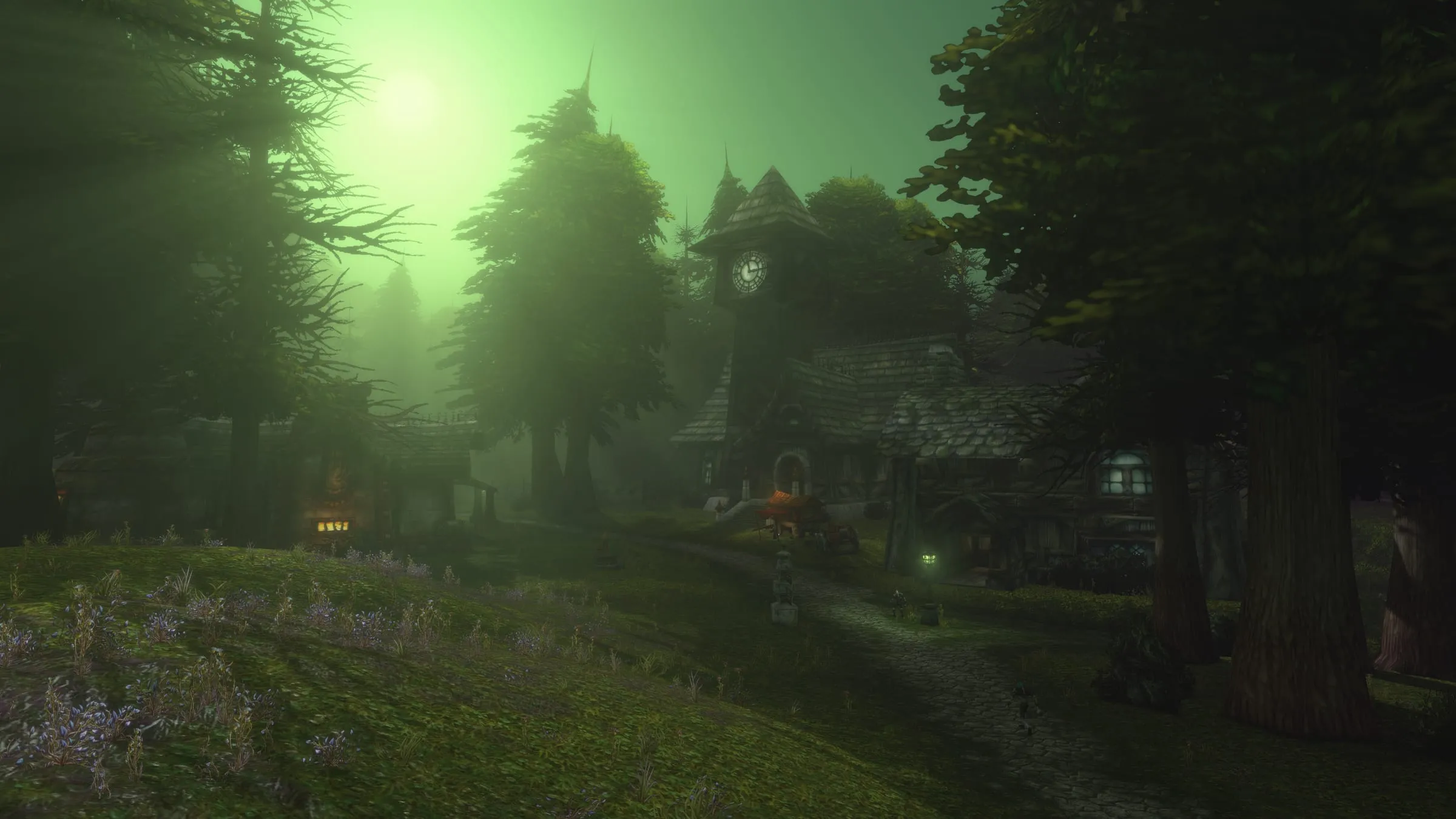 Tirisfal Glades: cottages and dark pines in green fog