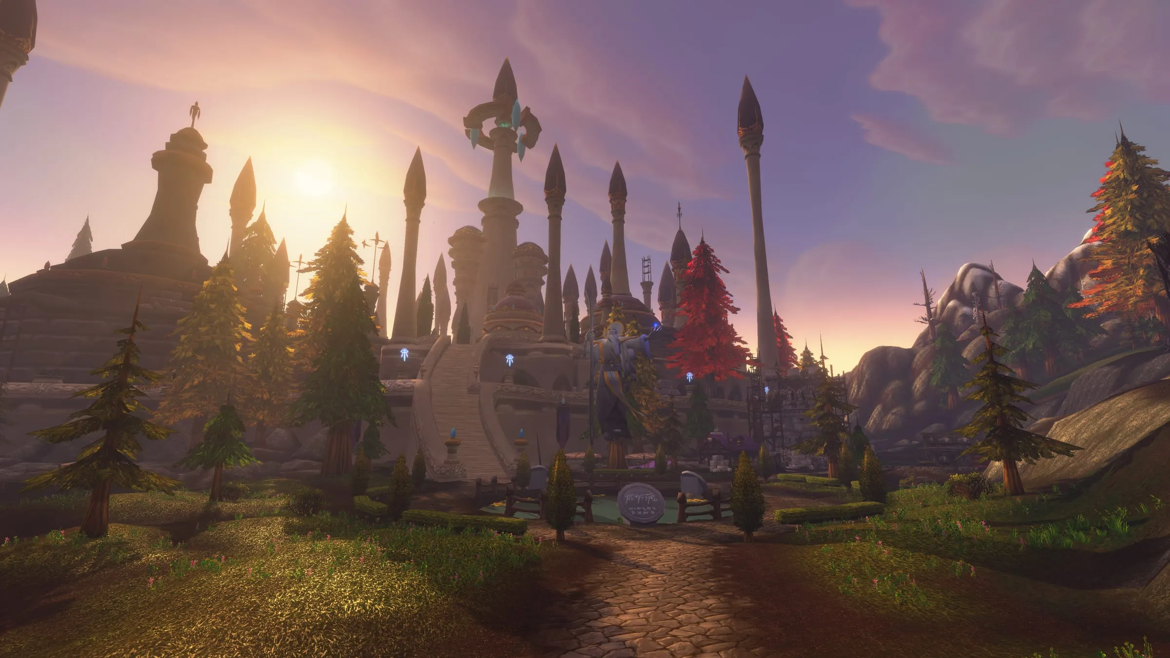 Dalaran: pale spires and banners against a violet sunrise
