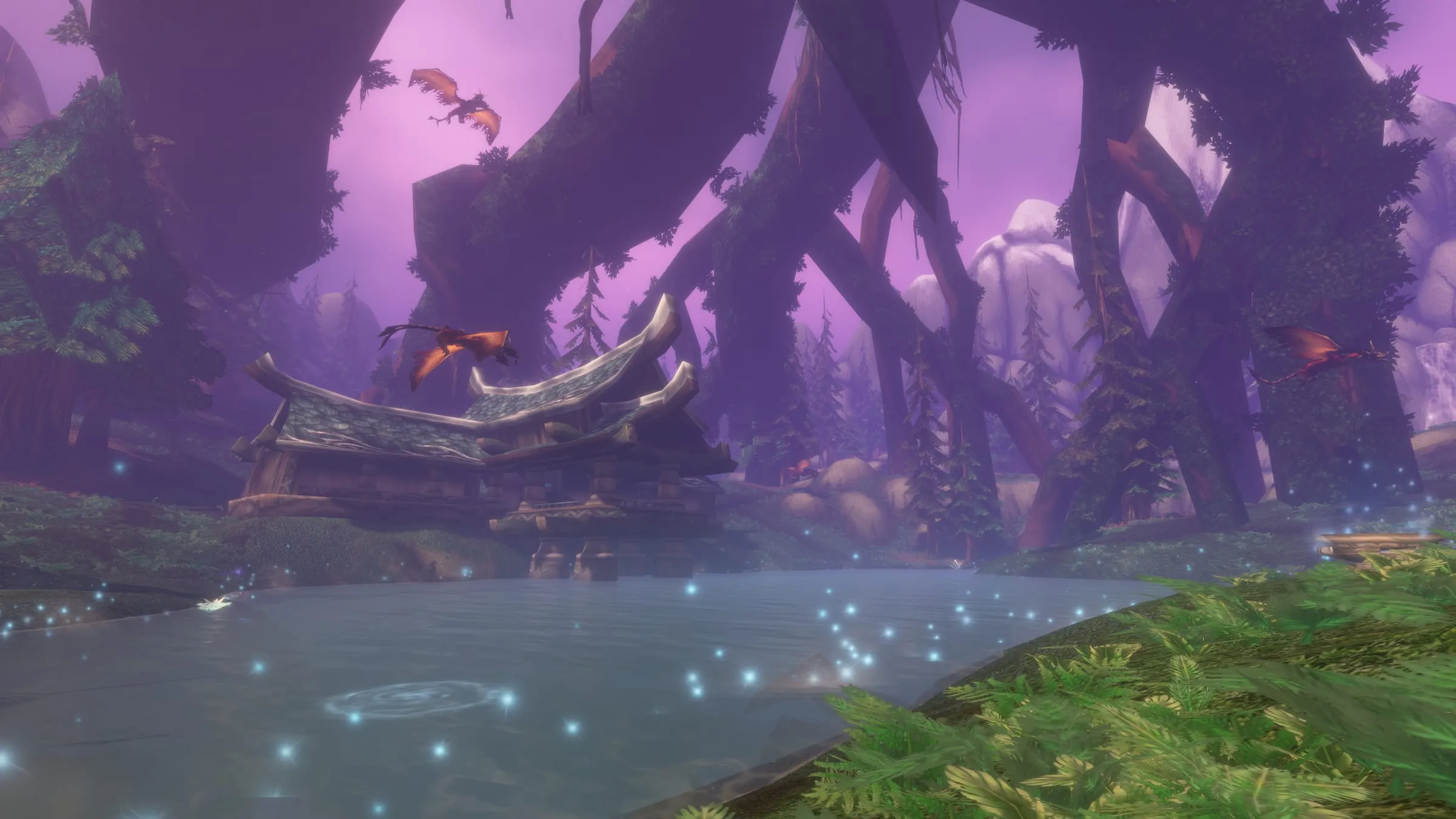 Mount Hyjal regrown: a night elven pavilion on a wisp-lit lake beneath the roots of a great tree