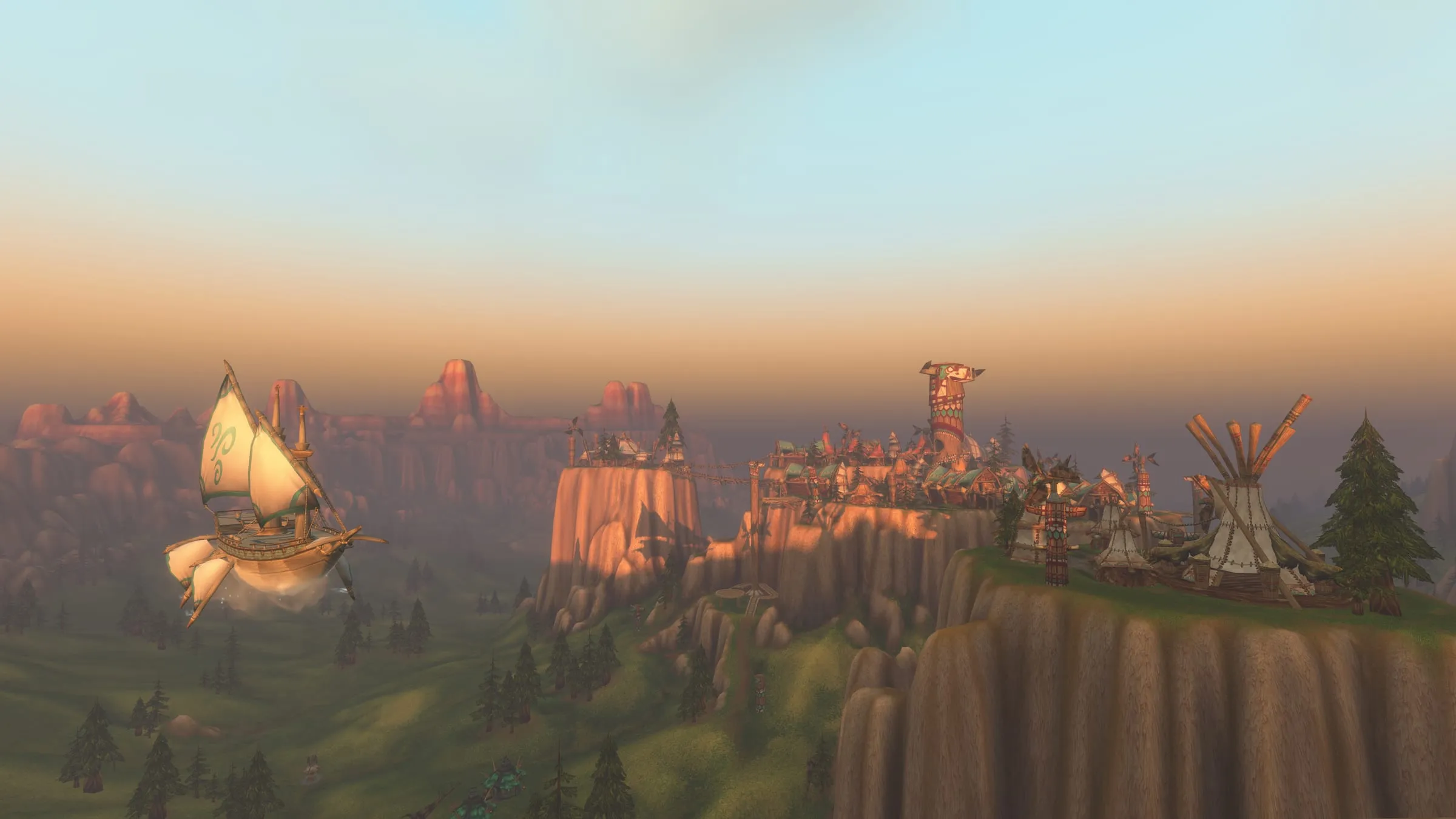 Mulgore: tents and totems on a mesa top above the plains