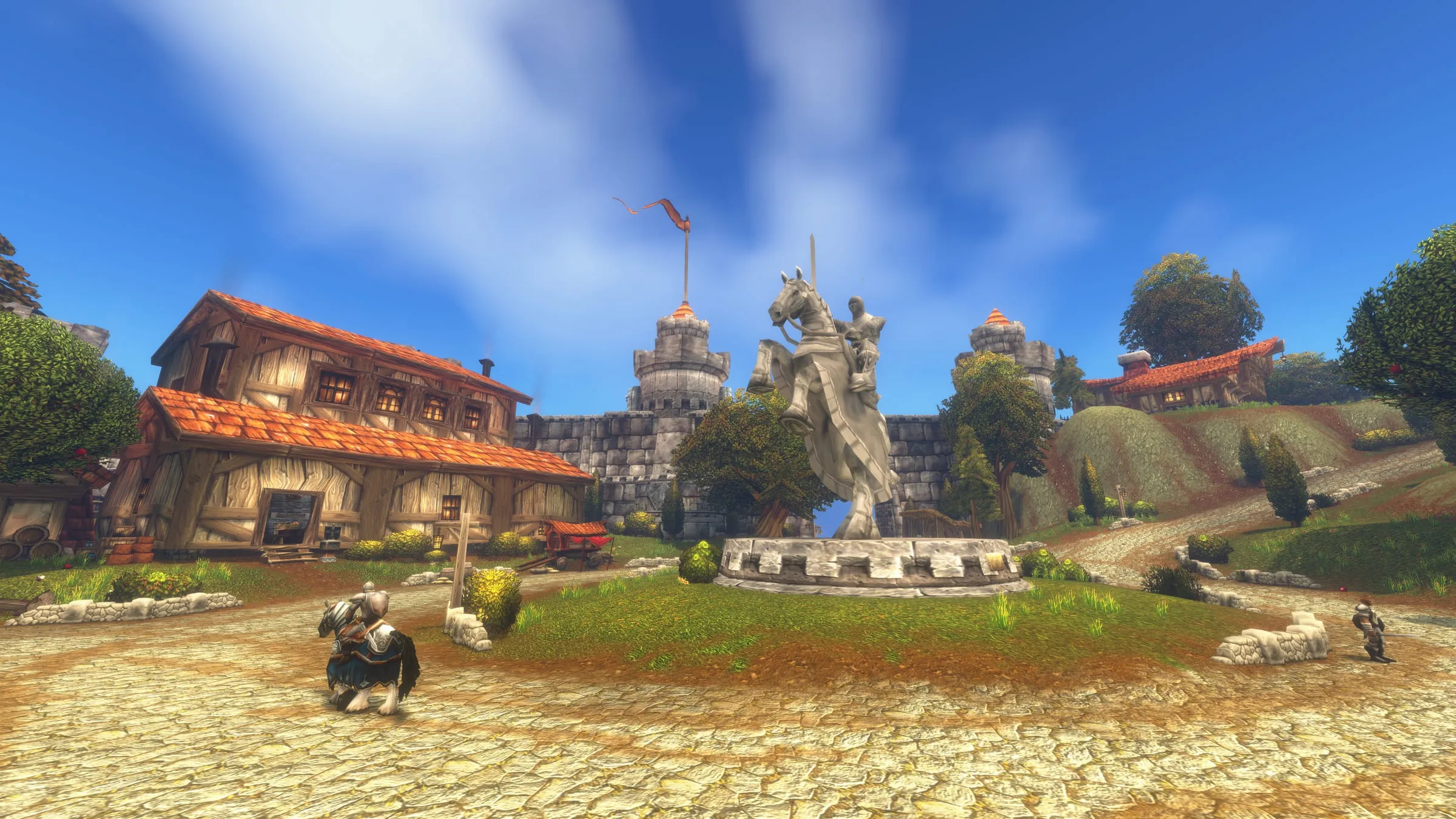 A village square in the Riverglades: a white horse statue on a plinth, red-roofed houses and a keep on the rise behind