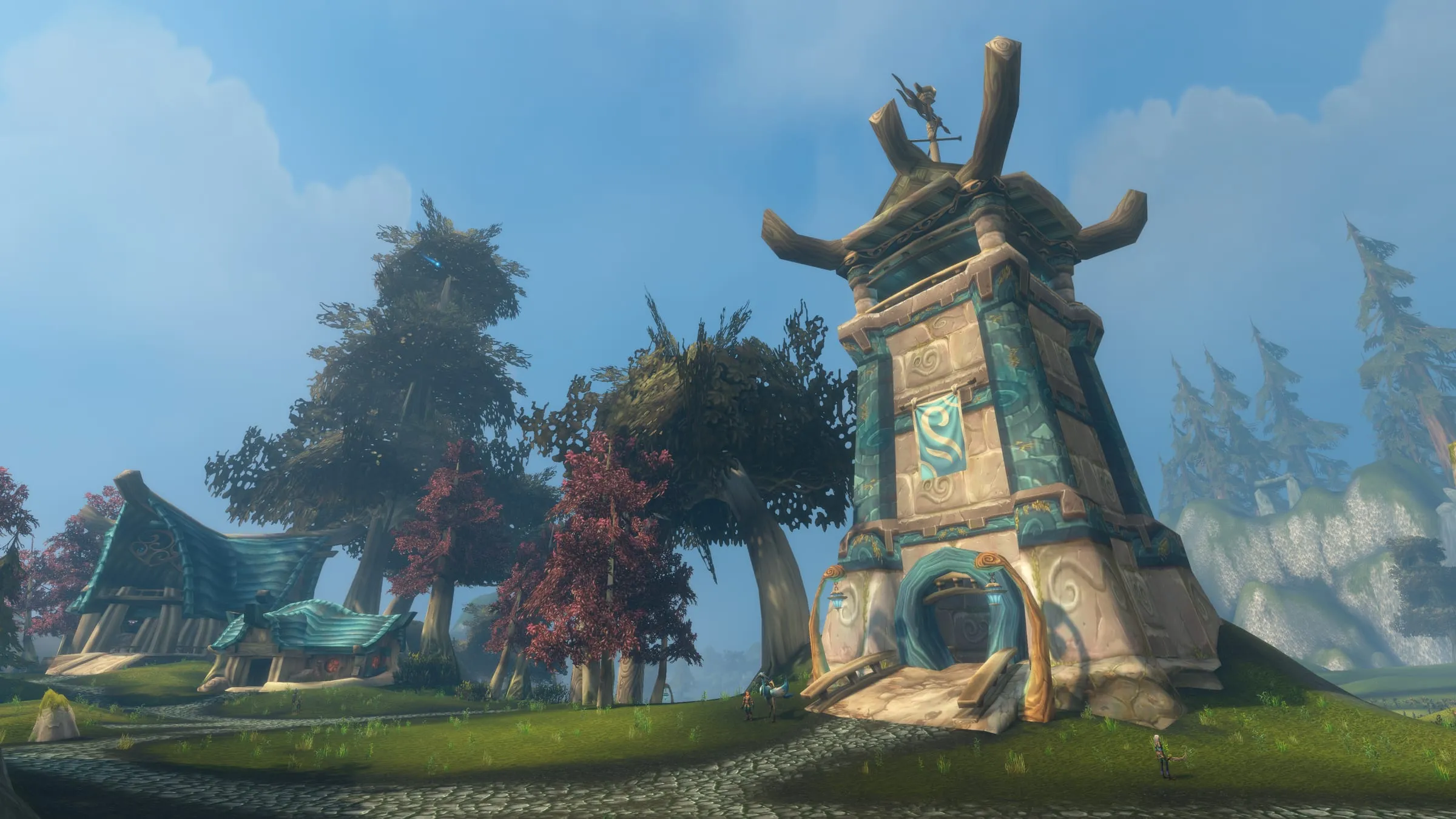 A carved stone monument on Zephras Isle, ringed by autumn trees and tiled rooftops